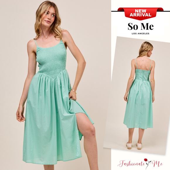 So Me Smocked Design Sleeveless Adjustable Spaghetti Strap Everyday Dress | Sage - Picture 1 of 7